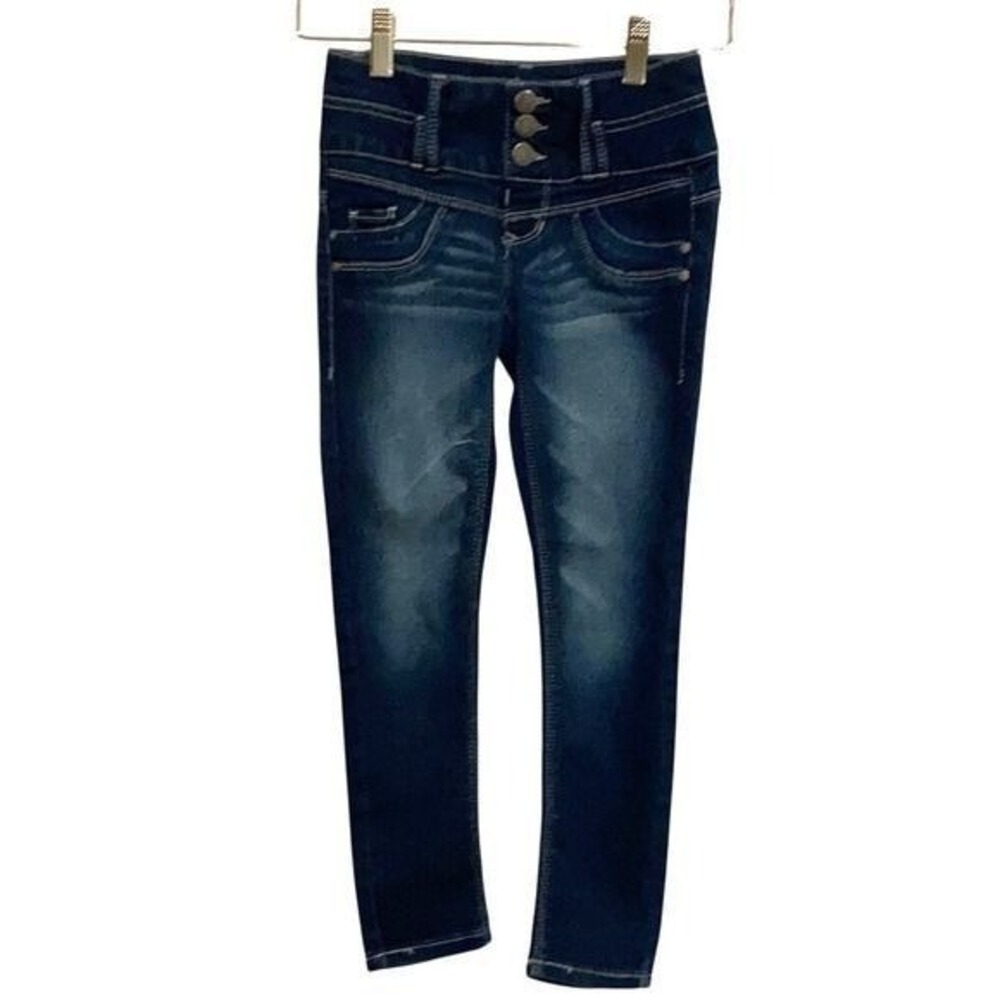 Y2K High Waisted Skinny Jeans Dark Wash Cotton Blend Blue‎ Spice 3-Button Size 7